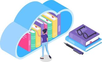 Online library in cloud storage, student choosing book, downloading or studying online, isometric illustration concept for education, learning, knowledge and online course vector