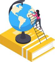 Student climbing a ladder to reach a globe placed on a book, depicting the concept of learning geography or global education in an isometric illustration vector