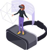 Woman wearing a vr headset interacting with a virtual environment, experiencing augmented reality, exploring metaverse and connecting to a virtual world vector