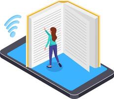 Online education concept featuring a student engaging with a large ebook on a smartphone, utilizing an online library and studying through mobile internet access vector