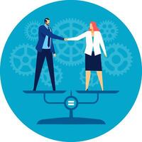 Two businesspeople shaking hands on a balanced scale symbolize equality and cooperation in a partnership, with gears in the background representing a complex mechanism vector