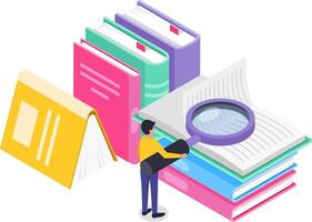 Student holding magnifying glass analyzing textbook, surrounded by books, studying and preparing exam, searching information, learning and education concept, isometric illustration vector