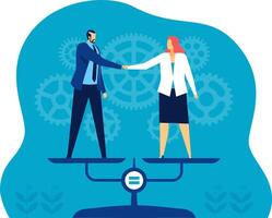 Businessman and businesswoman shaking hands while standing in equilibrium on a balanced scale with gears in the background, representing gender equality in business and equal opportunities vector