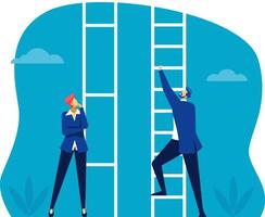 Businesswoman is thinking about her career path while a businessman is climbing a ladder, representing different approaches to career growth and development vector