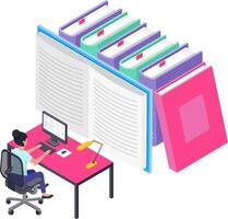 Office worker sitting at a desk, engaging with a computer and desk lamp while studying through an online library filled with giant books in an isometric view vector