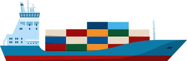 Large container ship carrying colorful cargo containers is sailing on the sea, transporting goods across the ocean in a globalized trade and logistics network vector