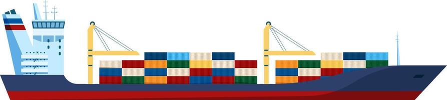 Large cargo ship carrying colorful containers is sailing on the sea, ensuring efficient and timely delivery of goods across international waters vector