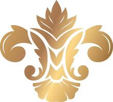 Luxurious golden emblem featuring an intricate floral motif with swirling leaves and a central symmetrical design, perfect for adding a touch of elegance to any decorative project vector