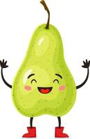 Funny cartoon illustration of a happy green pear wearing red boots, waving and smiling, isolated on white background, ideal for healthy eating and children projects vector