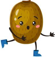 Funny, surprised kiwi fruit character wearing blue boots is joyfully walking and greeting, bringing a playful vibe in an isolated illustration on a clean white background vector