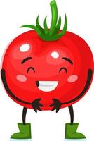 Anthropomorphic tomato character wearing green boots is laughing with closed eyes, conveying joy and amusement, ideal for healthy eating campaigns or children's illustrations vector