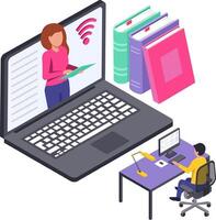 Isometric illustration representing a student attending an online lesson using a laptop and a desktop computer, with a teacher explaining and some books nearby vector