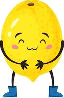 Cartoon illustration of a happy lemon character hugging itself, wearing blue boots, isolated on white background, ideal for healthy eating and wellbeing concepts vector