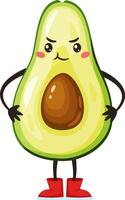 Funny avocado cartoon character wearing bright red boots, displaying an angry facial expression with arms crossed, set against a clean white background vector