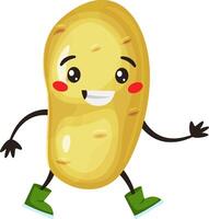 Cheerful, anthropomorphic potato with rosy cheeks, wearing green boots, is happily walking and extending a hand in greeting, creating a friendly and whimsical scene vector