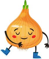 Cartoon onion character with closed eyes, wearing vibrant blue boots, relaxing and hugging itself while enjoying life, set against a clean white background vector