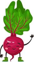 Cartoon beet with green boots and leaves waving with a smile on its face, representing healthy eating and promoting a cheerful and positive attitude towards vegetables vector