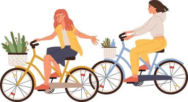 Two women riding their bikes side by side, enjoying a leisurely conversation, with baskets filled with plants and a bottle adding a touch of carefree charm to their outing vector