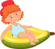 Redhead child wearing swimsuit and red hat relaxing floating on yellow and green inflatable ring shaped like an avocado, having fun during summer vacation at the beach or swimming pool vector