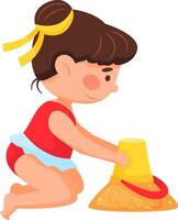 Young girl in a red swimsuit is building a sandcastle with a yellow bucket. Her hair is tied with a yellow ribbon, illustrating playful summer fun at the seaside vector