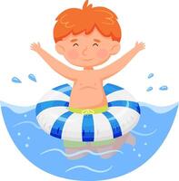 Redhead boy with arms up enjoying summer holidays playing with inflatable ring in a swimming pool, wearing green swimming trunks and having fun in the water vector