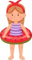 Cheerful young girl wearing a watermelon themed inflatable ring, ready for summer fun. Her striped outfit and red headband add a playful touch to the scene vector