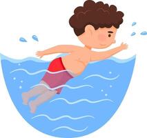 Happy child swimming underwater in the sea or pool, wearing vibrant red swimming trunks, enjoying summer holidays filled with fun and laughter during vacation days vector