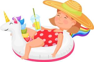 Cheerful child enjoying summer on a unicorn shaped pool float, wearing a wide brimmed hat and holding a refreshing lemonade. Perfect illustration of carefree holiday fun vector