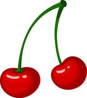 Two shiny red cherries are depicted hanging from their green stems against a pristine white backdrop, showcasing the vibrant colors and inviting freshness of the fruit vector