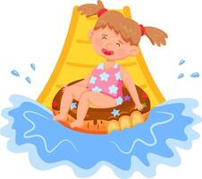 Cheerful young girl with pigtails sliding down a colorful water slide on an inflatable ring, splashing into the pool below. Her swimsuit features playful floral patterns vector