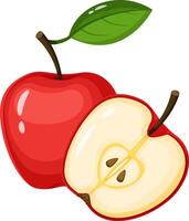 Whole red apple with a green leaf and a half red apple showing seeds represent freshness and health, ideal for promoting healthy eating habits vector