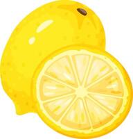 Vibrant illustration featuring a whole lemon alongside a freshly cut slice, highlighting the juicy texture and distinct segments of the fruit in a colorful, eye catching design vector