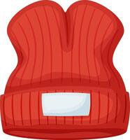 Red woolen winter hat featuring a ribbed knit design and a blank rectangular label on the front, offering an ideal canvas for customization and personal expression in cold weather vector