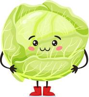 Green cabbage cartoon character with big kind eyes and a sweet smile wearing red boots is holding itself with its hands and standing on thin legs vector