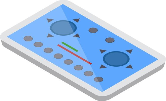 Isometric illustration of a modern gaming controller featuring a blue interface. Includes directional buttons, circular controls, and a sleek design, ideal for digital entertainment concepts