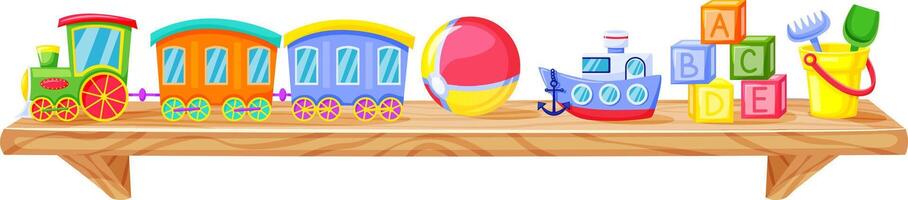 Colorful train, a beach ball, a toy boat, letter cubes and a bucket with a rake and shovel are resting on a wooden shelf, waiting for kids to play with them vector