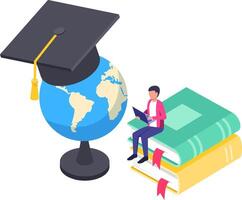 International student learning online using laptop sitting on books with graduation cap and world globe representing global education and knowledge vector