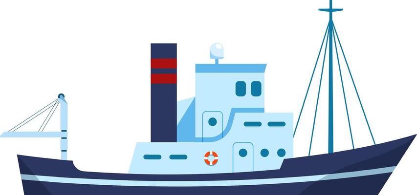 Illustration of a modern cargo ship featuring a blue and white color scheme, showcasing nautical elements like lifebuoy and masts, highlighting maritime transportation themes