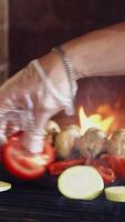Grilling organic food. Hand of a professional cook putting fresh pieces of vegetables on a hot stove. Tasty composition on fire. Healthy food. Vertical video