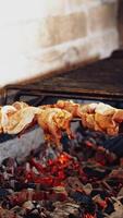 Cooking delicious meat on charcoal. Meat on skewers. Marinated shashlik preparing on a barbecue grill. Appetizing meat grilled on skewers. Vertical video