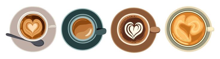 Set of different coffee cups top view. Cappuccino, americano, espresso coffee mugs from directly above. vector