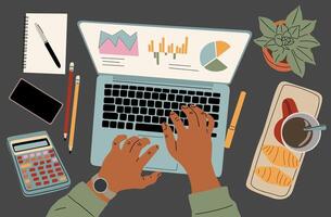 Hands typing on laptop with finance analysis data on the screen. Top view of work desk with computer, calculator, notebook, pencils and coffee cup with croissants on tray. vector