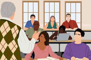 High School Students in Lecture Hall. University Auditorium With Senior Professor Teacher Back And Students Front View, Course Participants Education vector