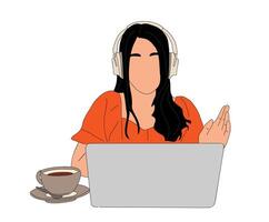 Young woman Operator of call center working online with laptop and headset. Manager of customer support service consulting clients through internet. vector