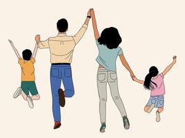 A family of four is jumping in the air, with a man holding a childs hand. Concept of joy and togetherness, as the family members are enjoying a fun activity together. vector