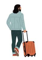 Handsome man in casual clothes walking with suitcase rear view vector
