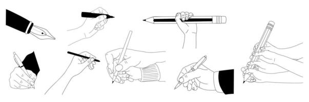 Set of Hands with writing tools. Line art drawing of human hands with pen, pencil, highlighter, marker. Black monochrome outline vector