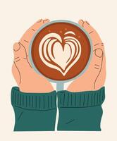 Hands holding coffee latte, cappuccino cup with foam in heart shape top view vector