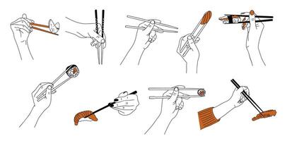 Set of different hands holding Japanese food chopsticks with sushi, shrimp, salmon, rolls vector