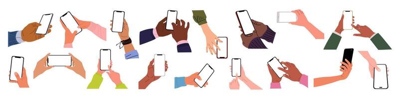 Different Hands holding mobile phones set. Fingers touching, scrolling smartphone screens, using applications. Empty screen, phone mockup vector